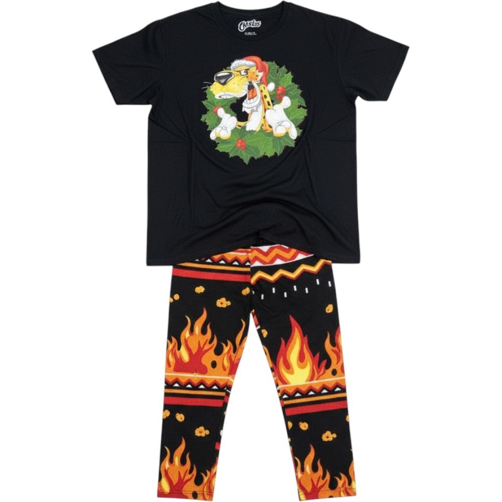 Cheetos Chester Cheetah Christmas Pajama Set Mens XL Black Santa Wreath Fleece